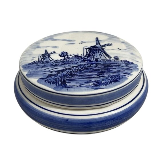 Delfts Blue Holland Windmill Trinket Box 5" Round Covered Hand Painted Ceramic - Picture 2 of 6